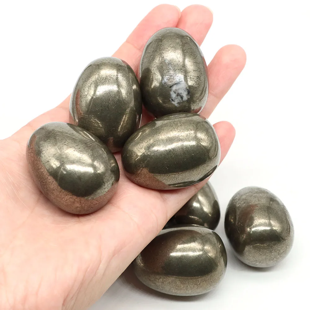 30x40mm Stone Egg Figurine Natural Pyrite Healing Crystal Easter Eggs Sphere Sculpture With Wood Stand Home Decor Gifts