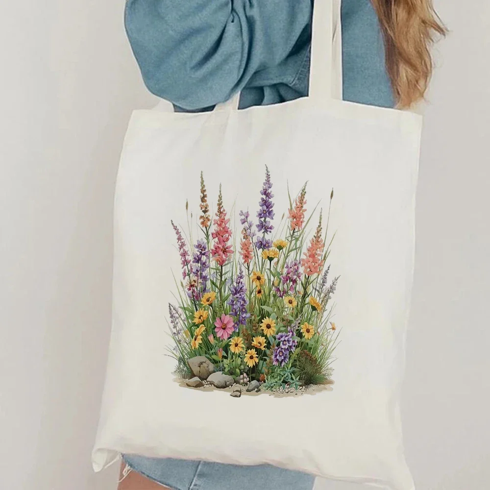 1pc Vibrant Spring Wildflower Art Canvas Tote Bag, Reusable Shoulder Bag with Pastel Colors, for Summer Outings & Beach Trips