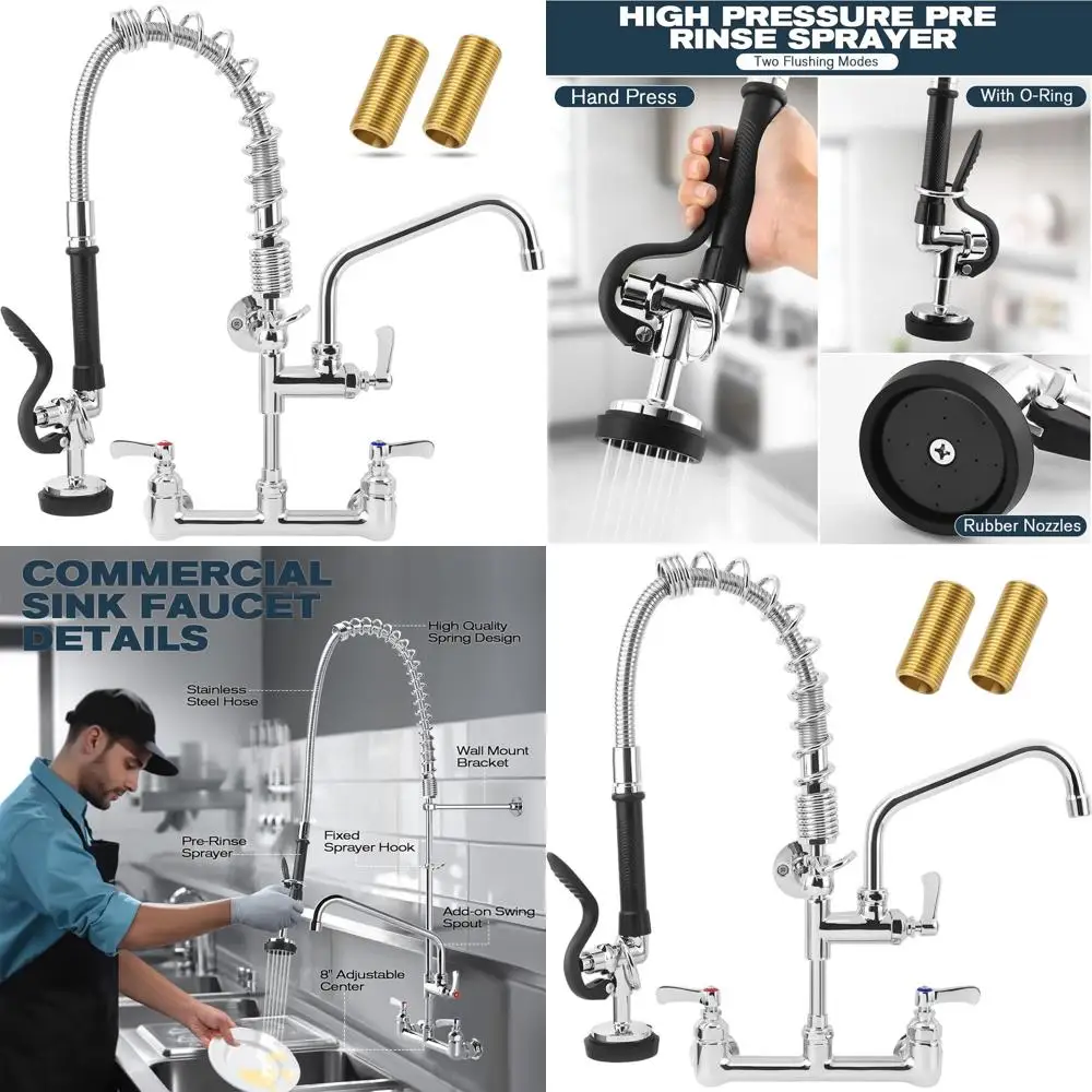 21 Wall-Mounted Commercial Sink Faucet with Pre-Rinse Sprayer, Adjustable Centers, and Pull-Down Spray