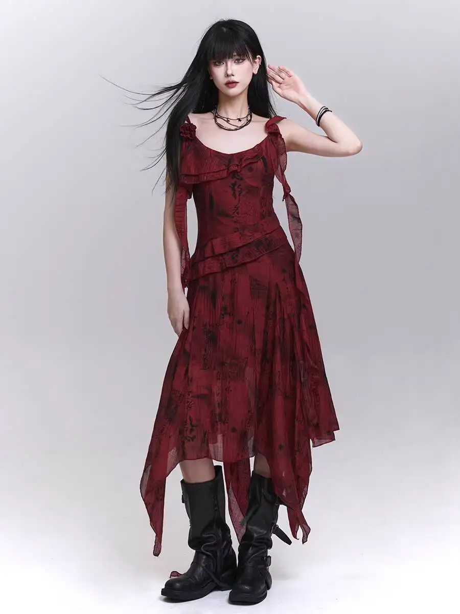 Punk Women Strap Dress Irregular Red Cami Dress Ghost Girl Stunning Slip Dress For Beach Vacation Concert Outfit