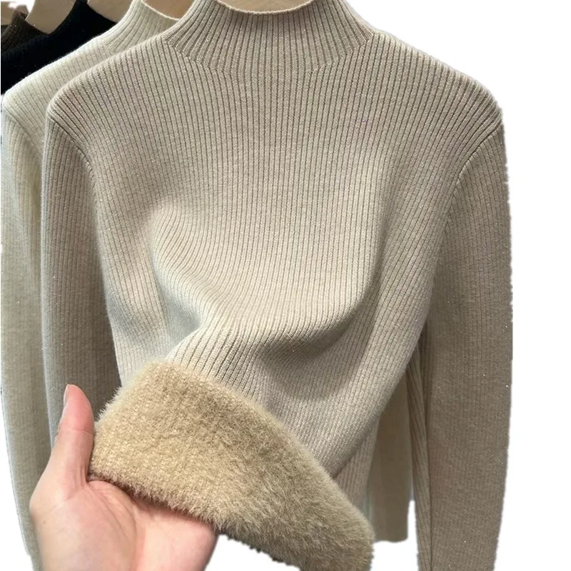 

Knitted Sweater Women Pullovers New Long Sleeve Mock Neck Fleece-lined Knit Sweater Pullover Women Tops Sueters De Mujer Q1479