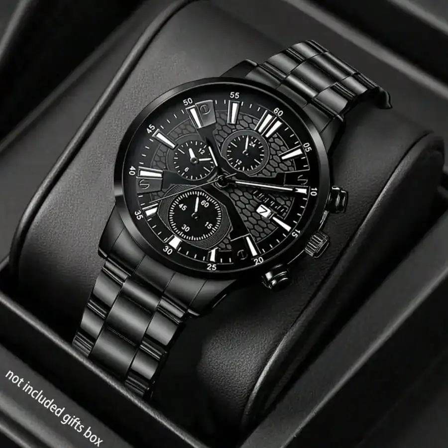 

Мужские черные кварцевые часы-хронограф с ремешком из нержавеющей стали