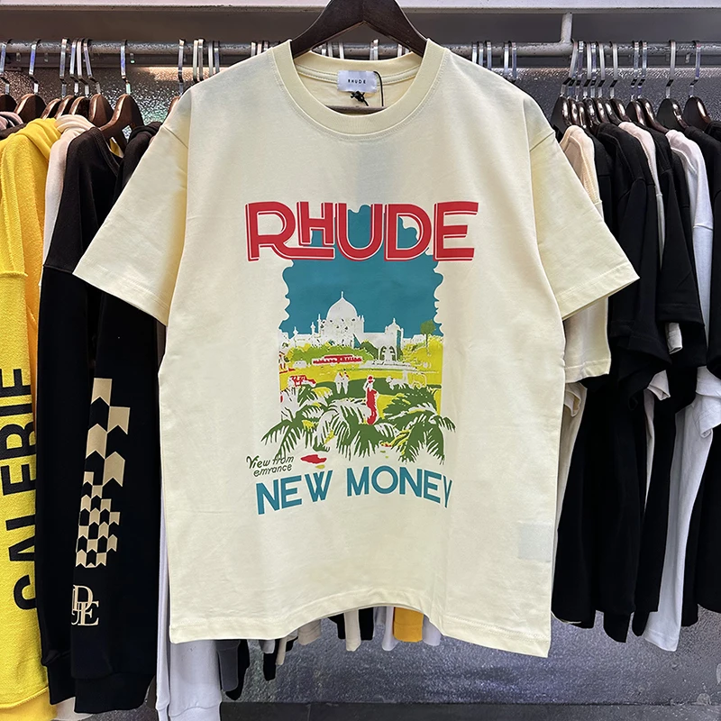 Summer RHUDE Short Sleeved Retro Landscape Printed T-shirt, High-quality Loose Casual Men's RHUDE Top Tee