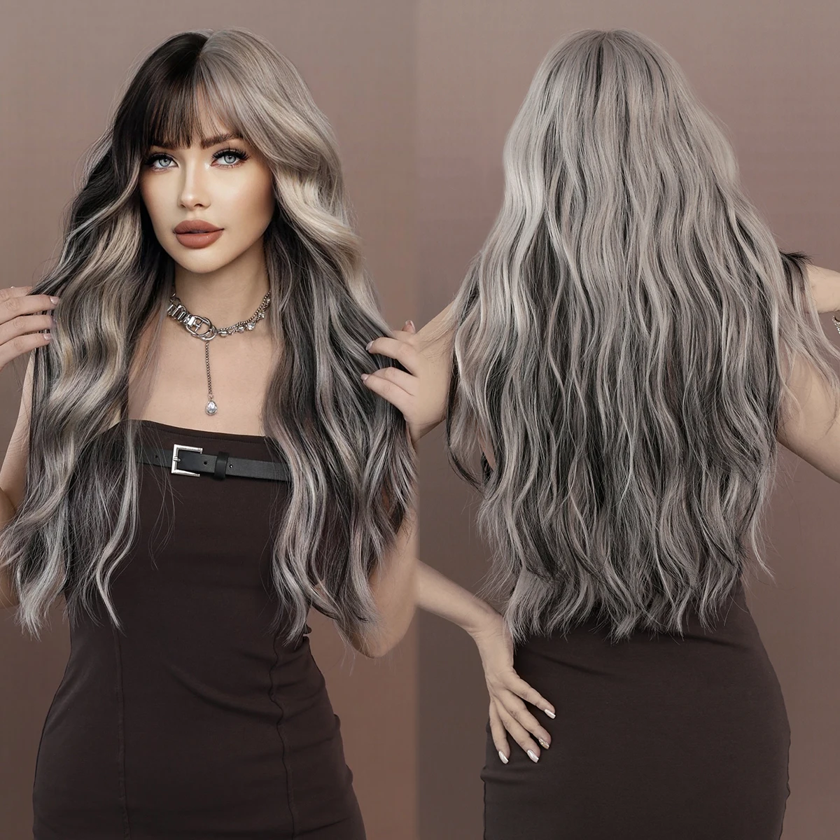 PARK YUN Long Body Wavy Silver Ash Hair Wig with Bangs for Women Daily Party High Density Hair Ombre Wigs Heat Resistant Fiber