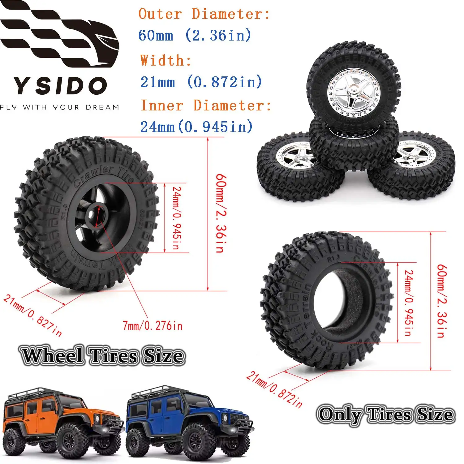 

4 шт. 1/18 RC Crawler TRX4M 1,3 дюйма, передняя и задняя шина 60*21 мм, резиновые шины с замком, HEX 7 мм для обновления автомобиля с дистанционным управлением, часть