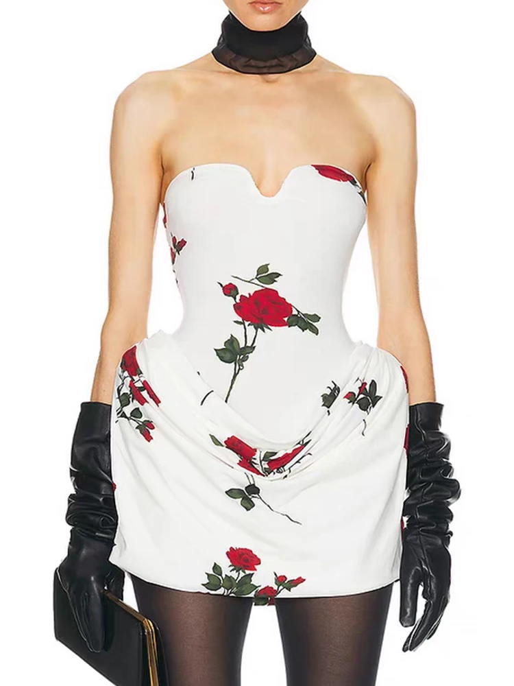 

2025 summer women's retro printed sexy strapless and waist cinching dress, fashionable pleated tight fitting hip hugging skirt