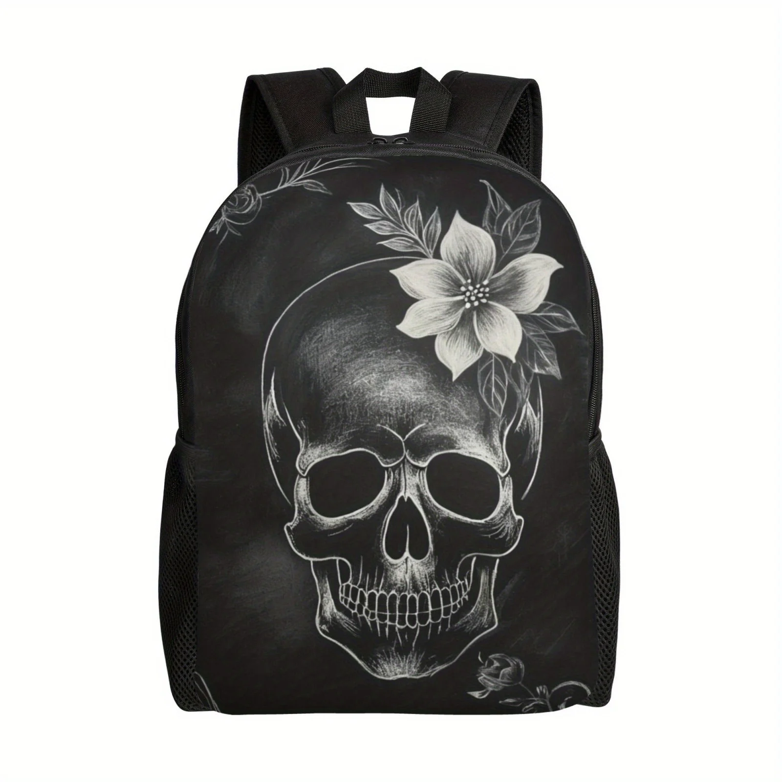 Stylish Black Skull Print Backpack-Durable Polyester Material, Spacious for Daily Commute, Casual Hangouts & Outdoor Activities