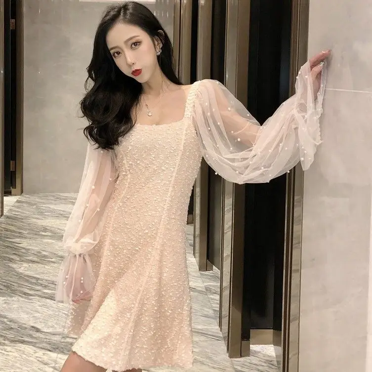 Nightclub Outfit New Fashionable Sexy Slim Fit Versatile Mesh Bubble Sleeves Elegant Dress for Women