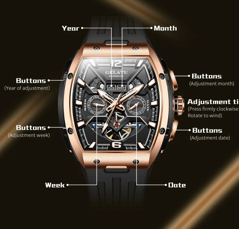 Imagem -06 - Gelatu-relógio Multifunções Tourbillon Masculino Relógio Mecânico Automático Safira Impermeável Marca Top Alta Qualidade