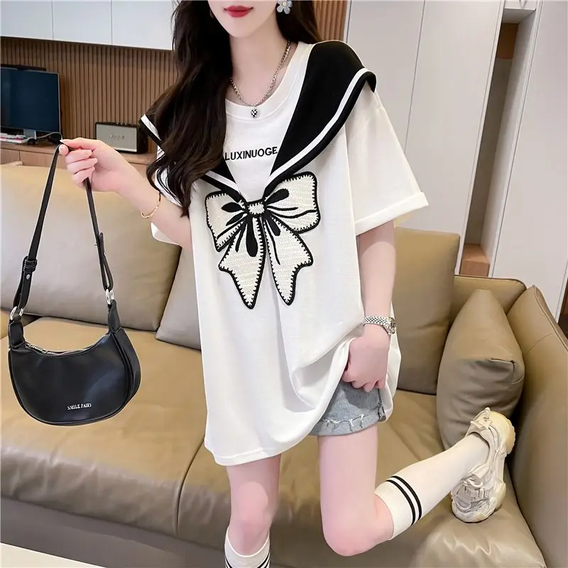 Summer New Women's Shawl Double Collar Medium Length T-shirt for Women's Loose Navy Collar Short Sleeve Sweet Chic Top for Women