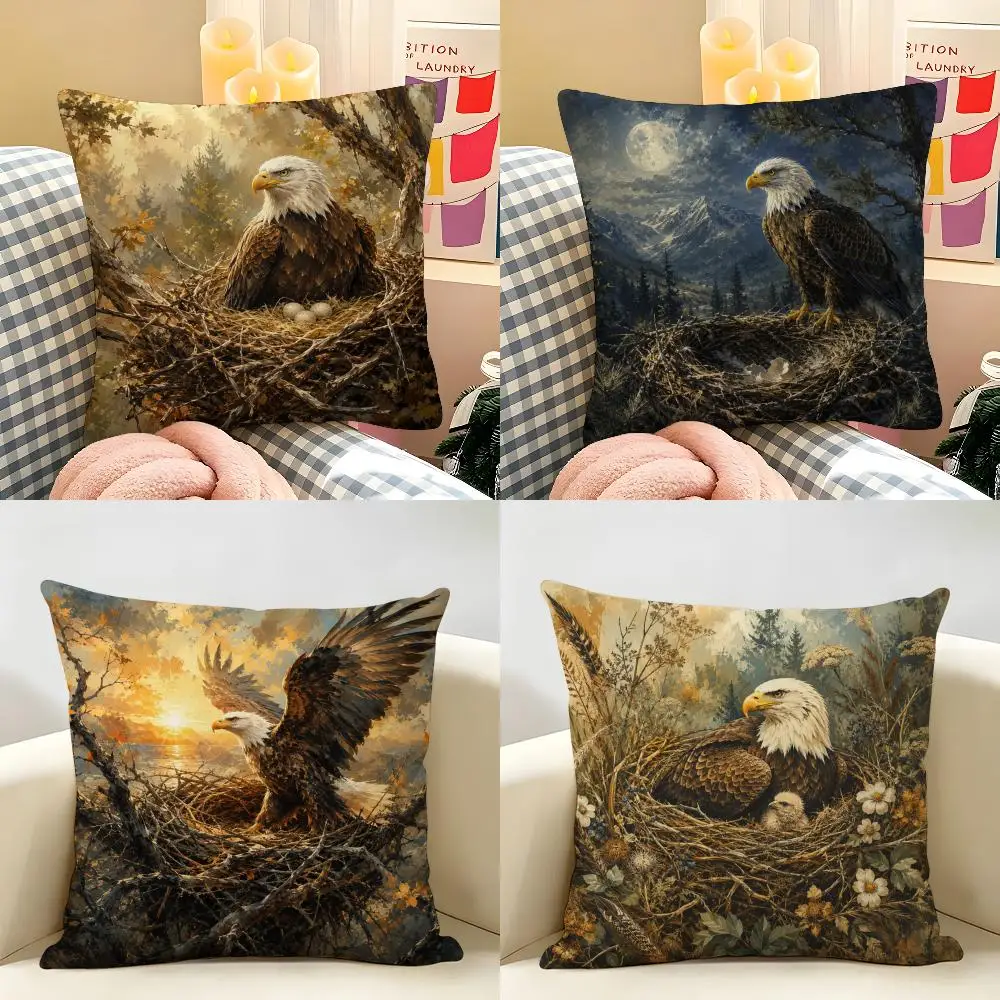 Vintage Bald Eagle Nest Cushion Cover Natural Linen Organic Fabric Double-Sided Printing Breathable Perfect For Home Decor