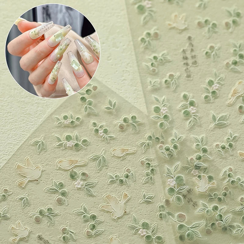 5D Embossed Chinese Style Nail Stickers Green Plum Oriole Self Adhesive Nail Art Decoration Decals Accessories DIY