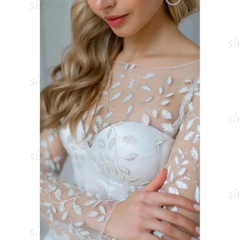 Abiti da sposa corti personalizzati Avorio A-Line O-Collo Manica lunga Applique in pizzo Tulle Illusion Back Abito da sposa Lunghezza tè 2025