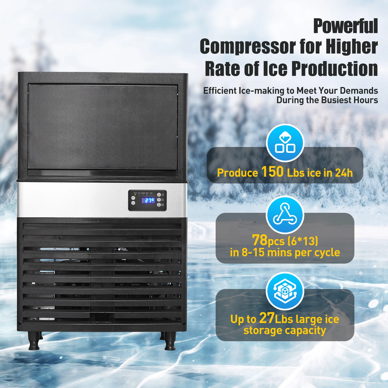 Commercial Ice Maker Machine, 150lbs/24H, 78 Ice Cubes in 8-15 Minutes, Freestanding Ice Maker with 27lbs Storage Capacity