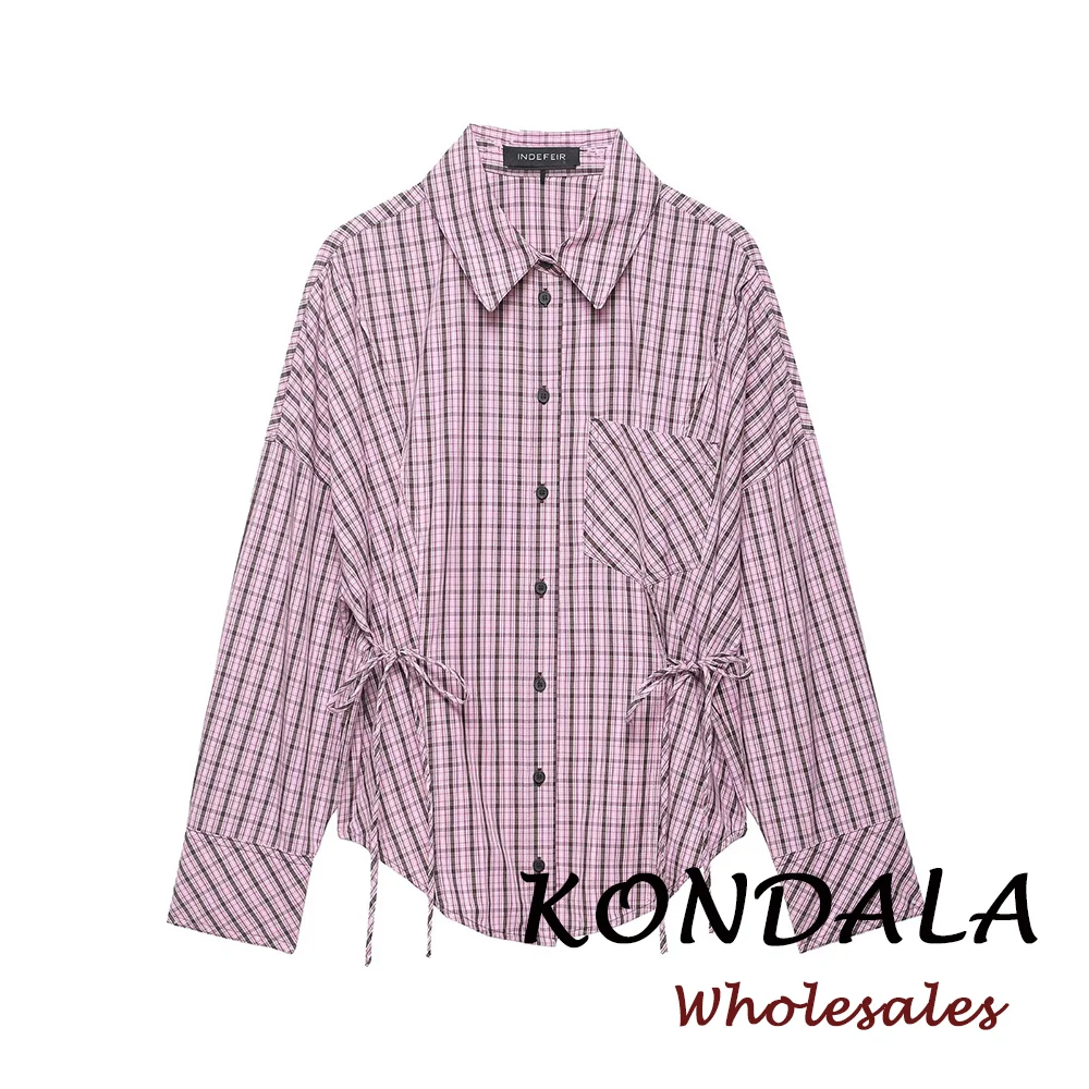 

KONDALA Chic Red Plaid Sweet Heart Women Blouse Turn-down Collar Streetwear Shirt Fashion 2025 Folds Lace-up Casual Female Shirt