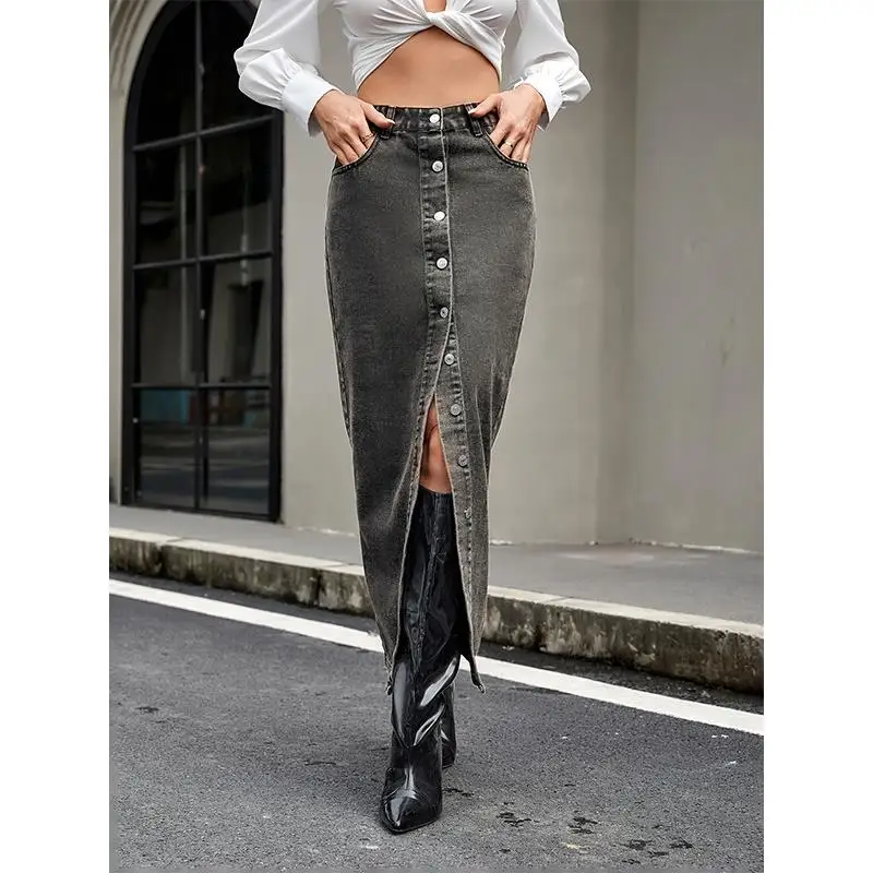 Retro Trendy Multi-Button Denim Skirt Simple A-Line Midi Skirt Polyester Fabric Citywalk Style Summer Collection Women's Skirt