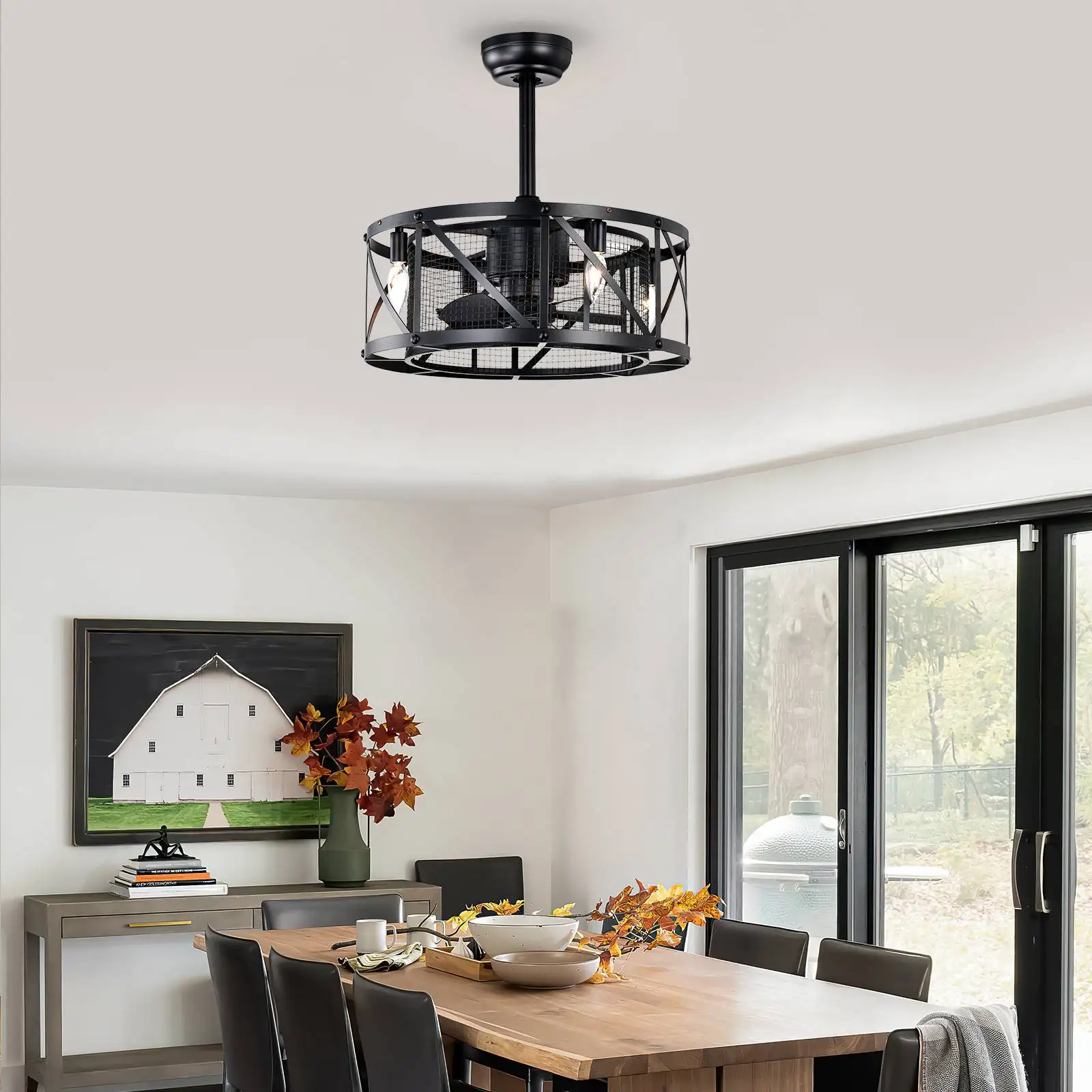 21 Inch Black Vintage Fan Light with 4 Lights, 5 Fan Blades 3 Speed Air for Bedroom Study Kitchen Dining Room