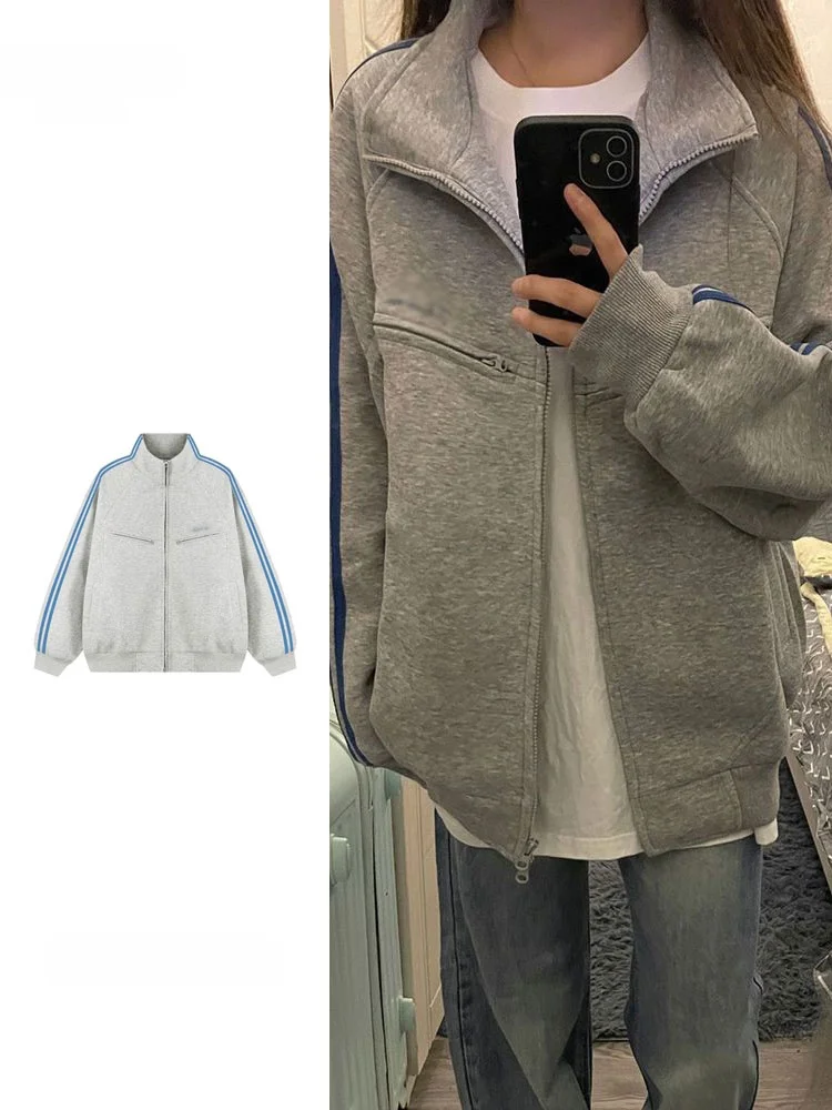 plus Size Grey Striped Sweatshirt Women's Baseball Style Open Cardigan Loose Fit Spring Autumn New Arrival Fat MM Clothing
