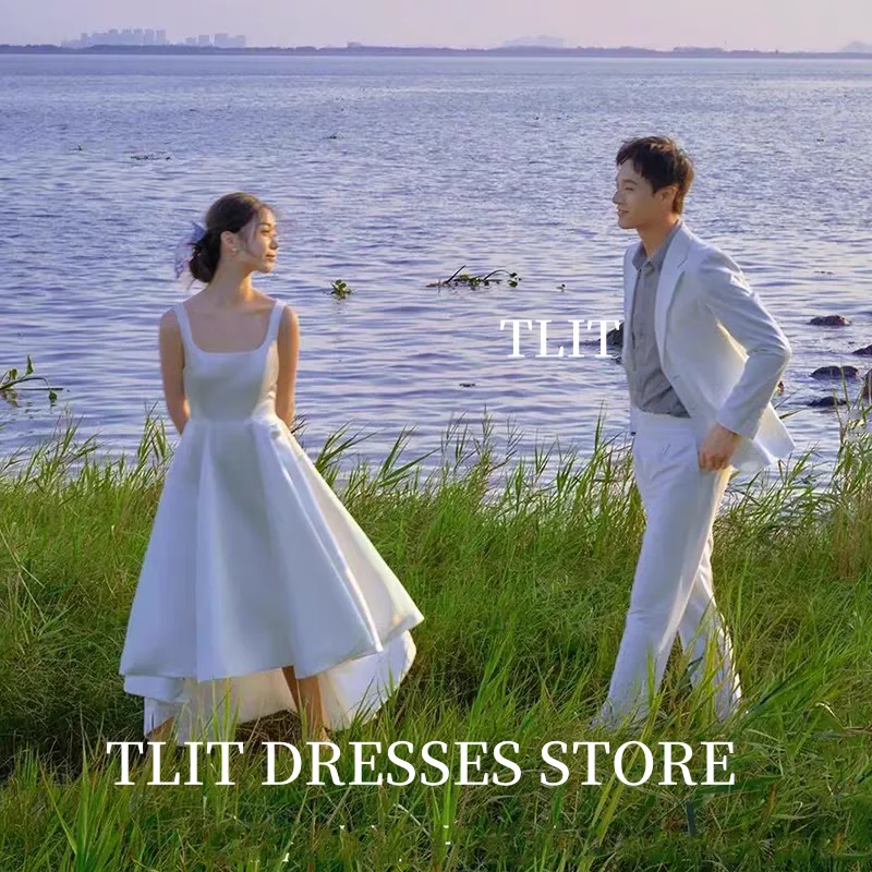 TLIT Elegant Silk Satin HI-LO Wedding Dress Wide Spaghetti Strap Bridal Gowns Korea Wedding Dress Photos Shoot Customized 웨딩드레스