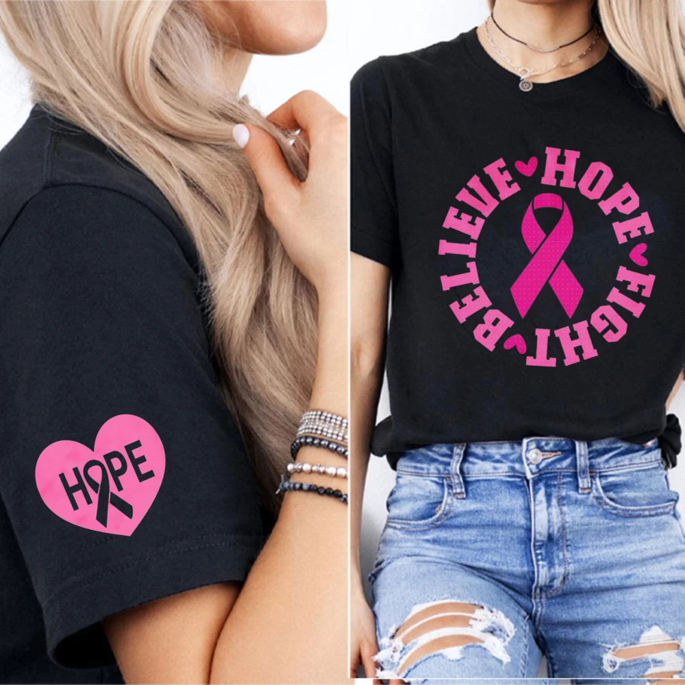 Believe Hope Fight Circular Text T-Shirt Hope Heart Pattern Cuff Print Pink Ribbon Breast Cancer Support Motivational Ladies Tee