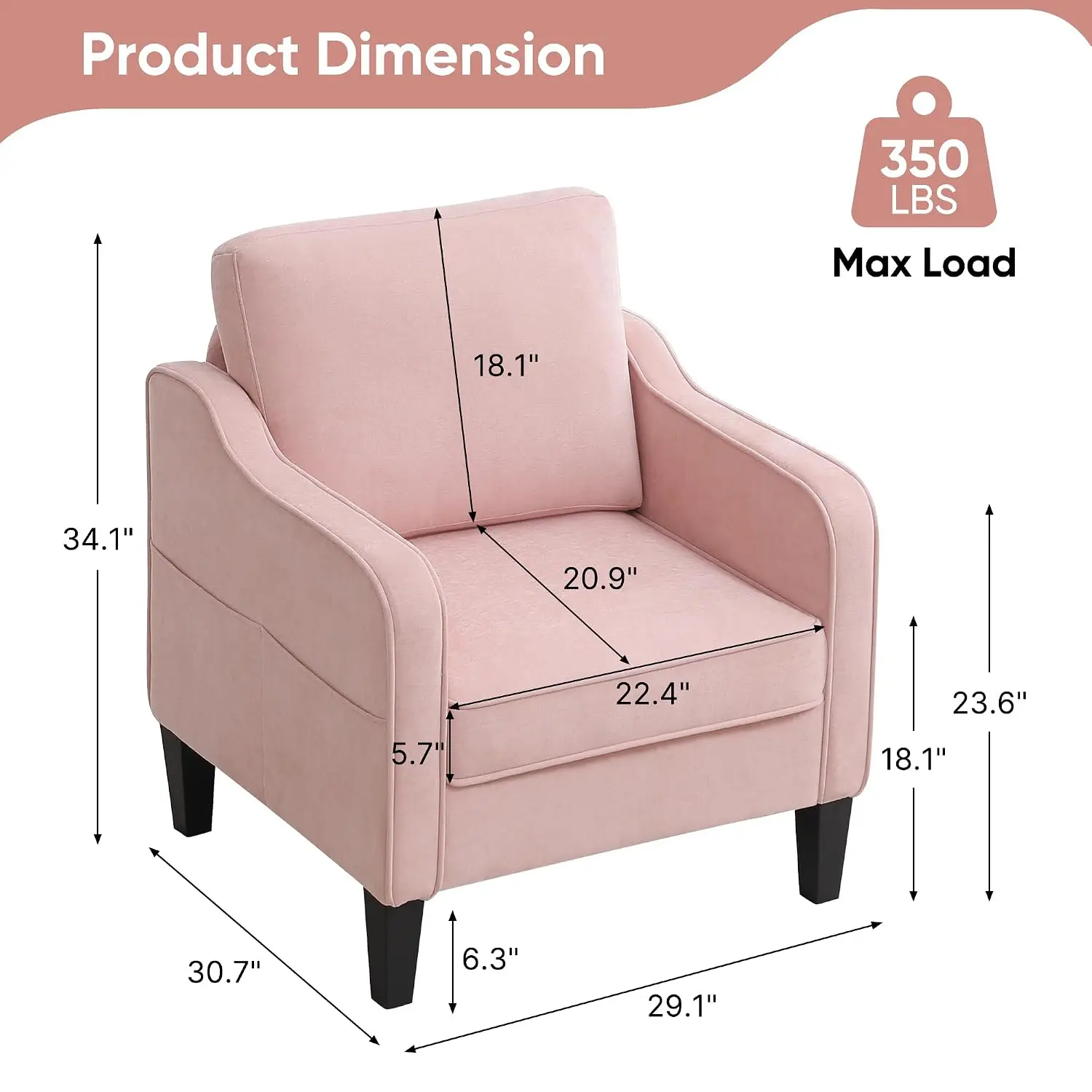 Mid Century Accent Chair Set 2 with Side Pockets, Upholstered Armchair for Living Room Bedroom Office, Pink, Customized