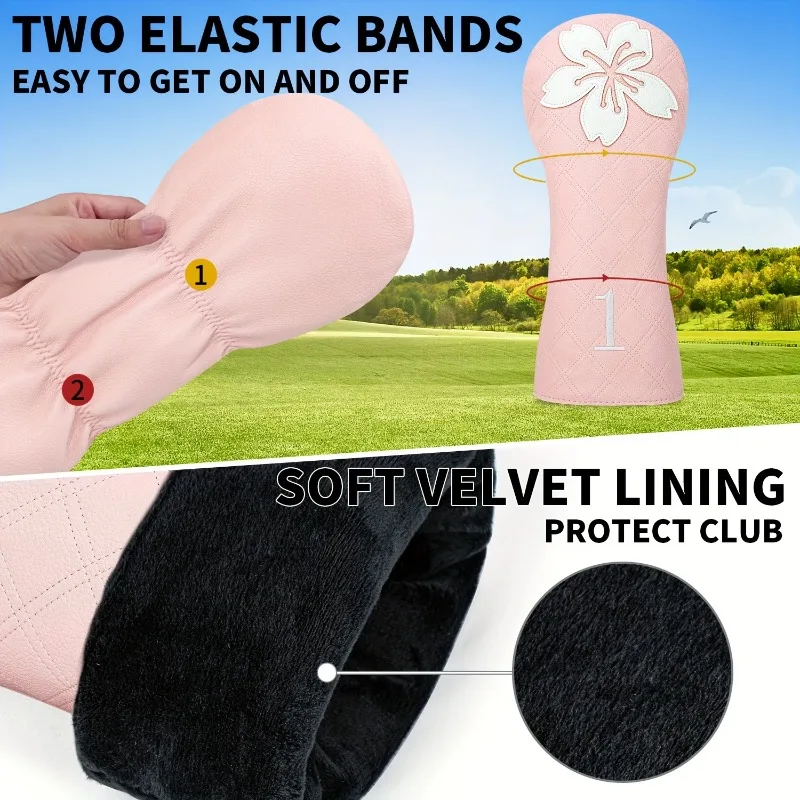 غطاء رأس نادي الجولف الوردي، تصميم زهر الكرز - مادة البولي يوريثان المقاومة للخدش، غطاء رأس نادي الجولف، غطاء رأس