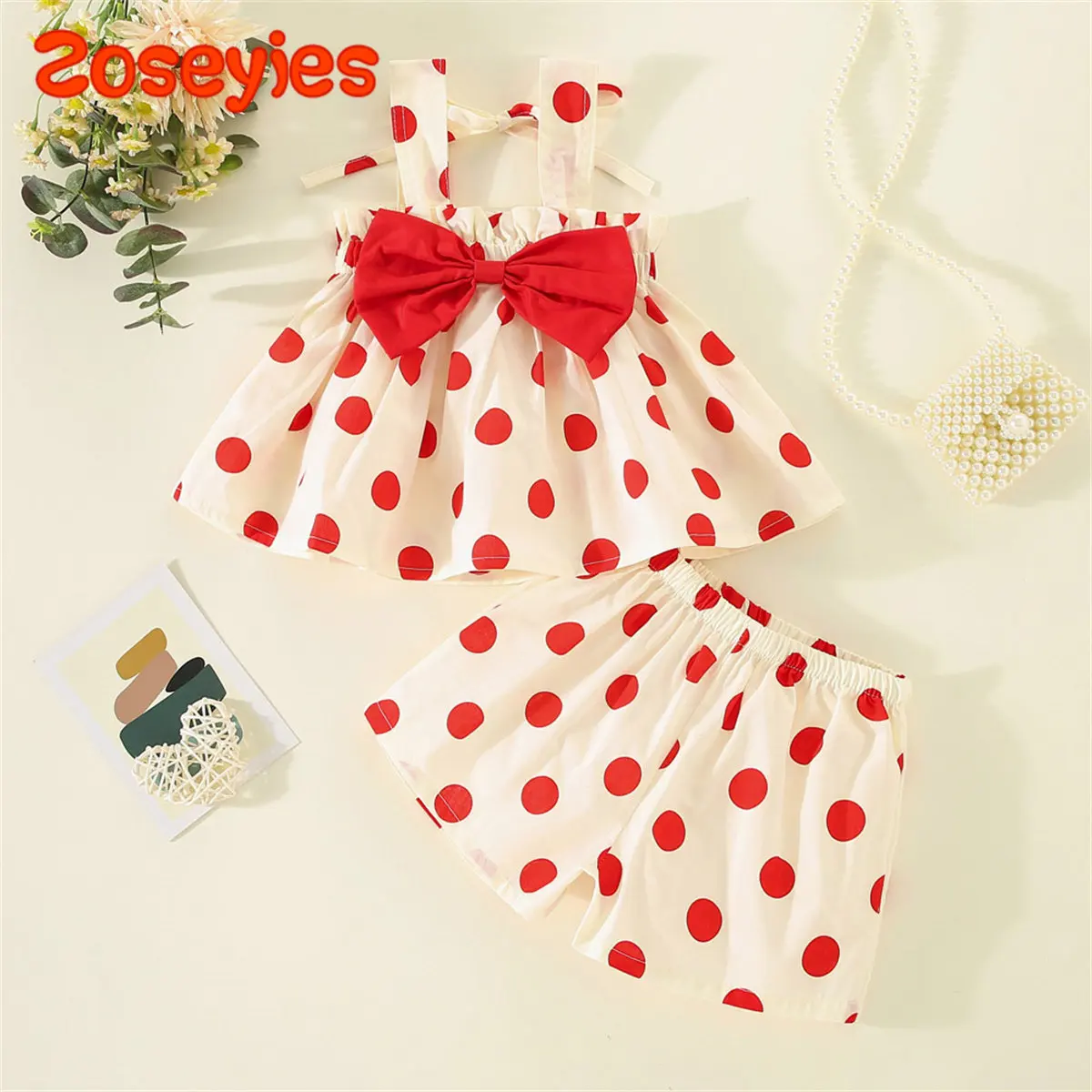 Summer Girls' Set Flower Bow Strap Top+Shorts Casual Sweet Daily Cotton Two Piece Set 0-3 Years Old