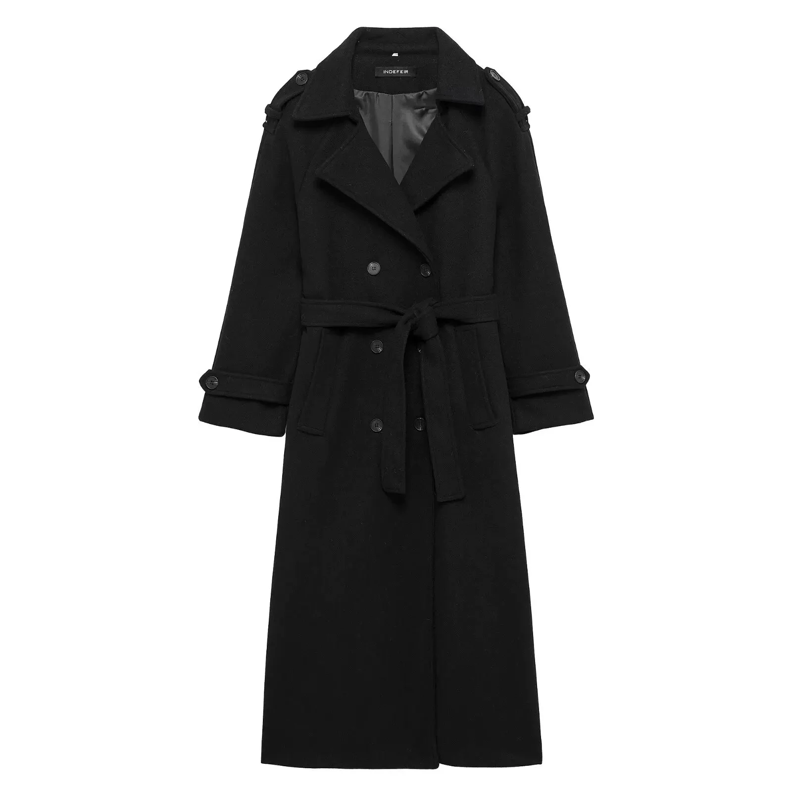 Women Fashion Black Trench Coat Double Breasted Long Sleeve Lapel Blends Jacket Autumn High Street Outerwear for Office Commute