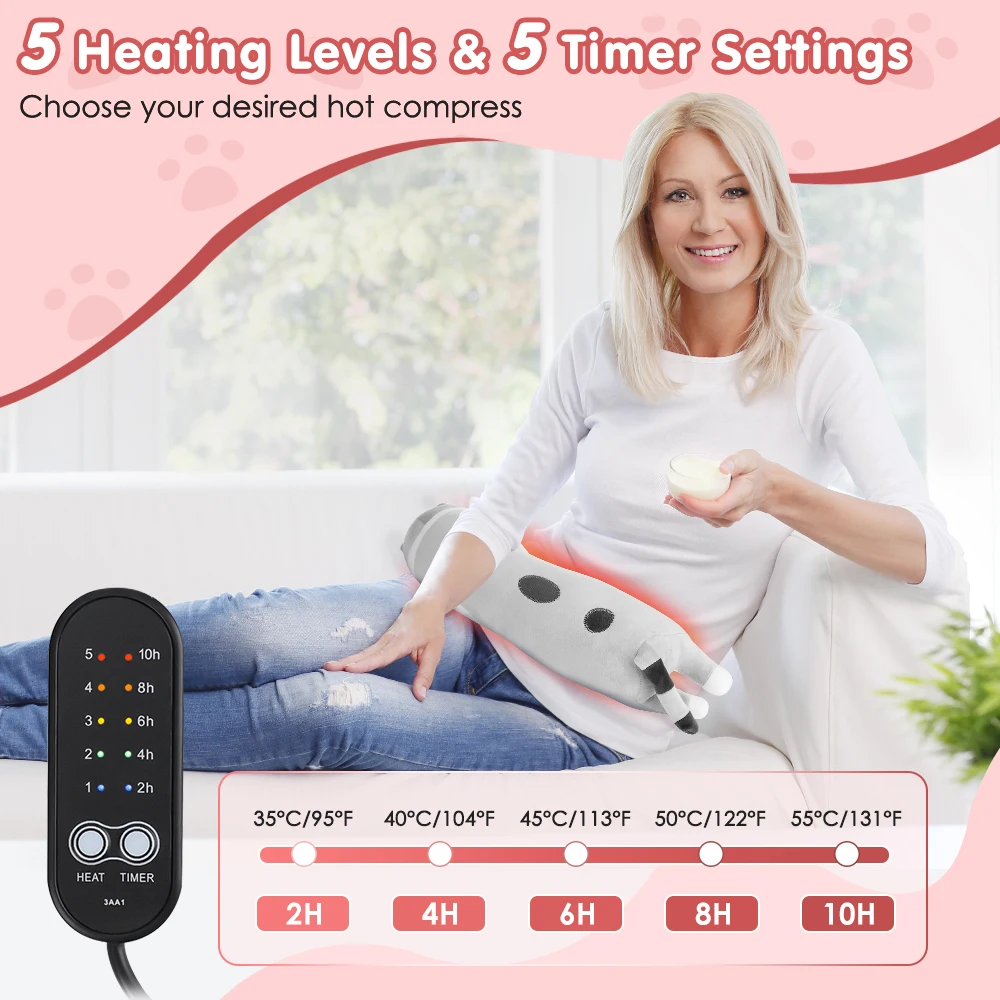 ‌USB Powered Electric Heating Pillow 5 Temperature Settings & Timer Control Smart Long Cat Shape Warm Cushion Office/Home Use