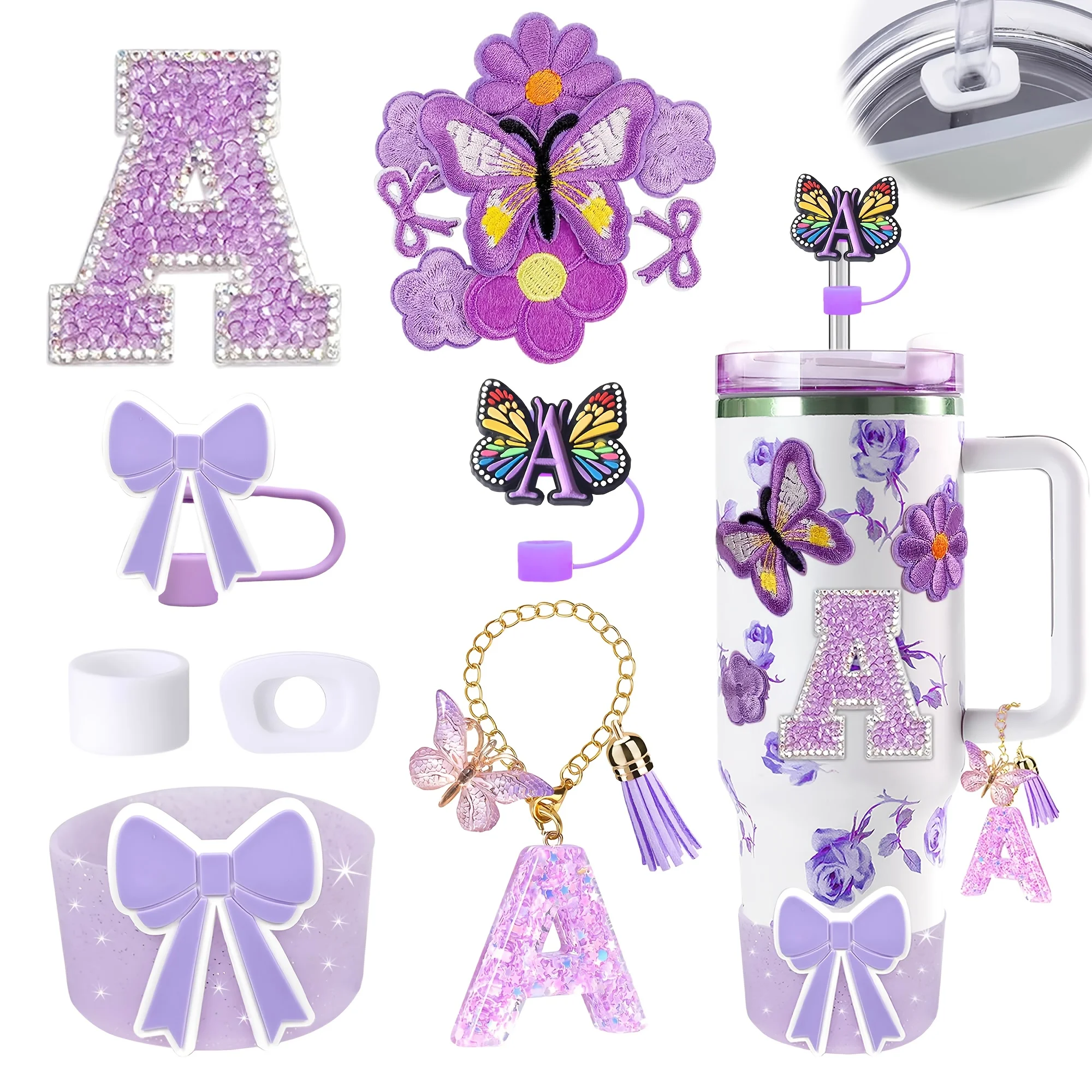 15pcs Cup Accessories Set with Initials, Floral & Butterfly Charms, Spill-Proof Lid, Handle Charm & Pastel Purple Bow - Compatib