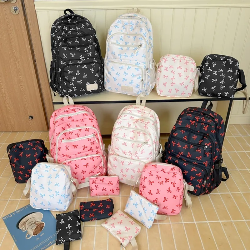 

Bow Print Cute 3 Piece Backpacks Set Nylon School Bag With High Capacity Adjustable Strap Women Travel Laptop Computer Backpacks