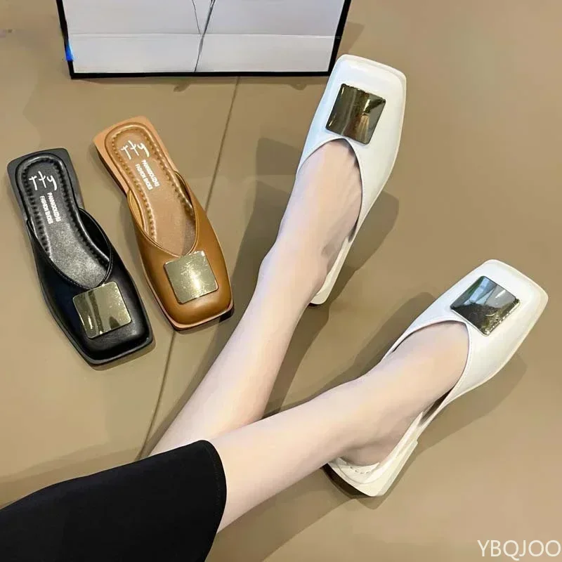 Brand Designer Women Slippers Fashion Metal Buckle Mules Flat Heels Square Toe Shallow Shoes Outdoor Slide Female Casual Sandal image 6