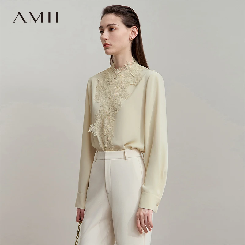 AMII Women's Shirt 2025 Autumn Blouse Lace Splicing Loose Long Sleeve Chiffon Blouse Elegant Ladies Tops Woman Clothing 12543063