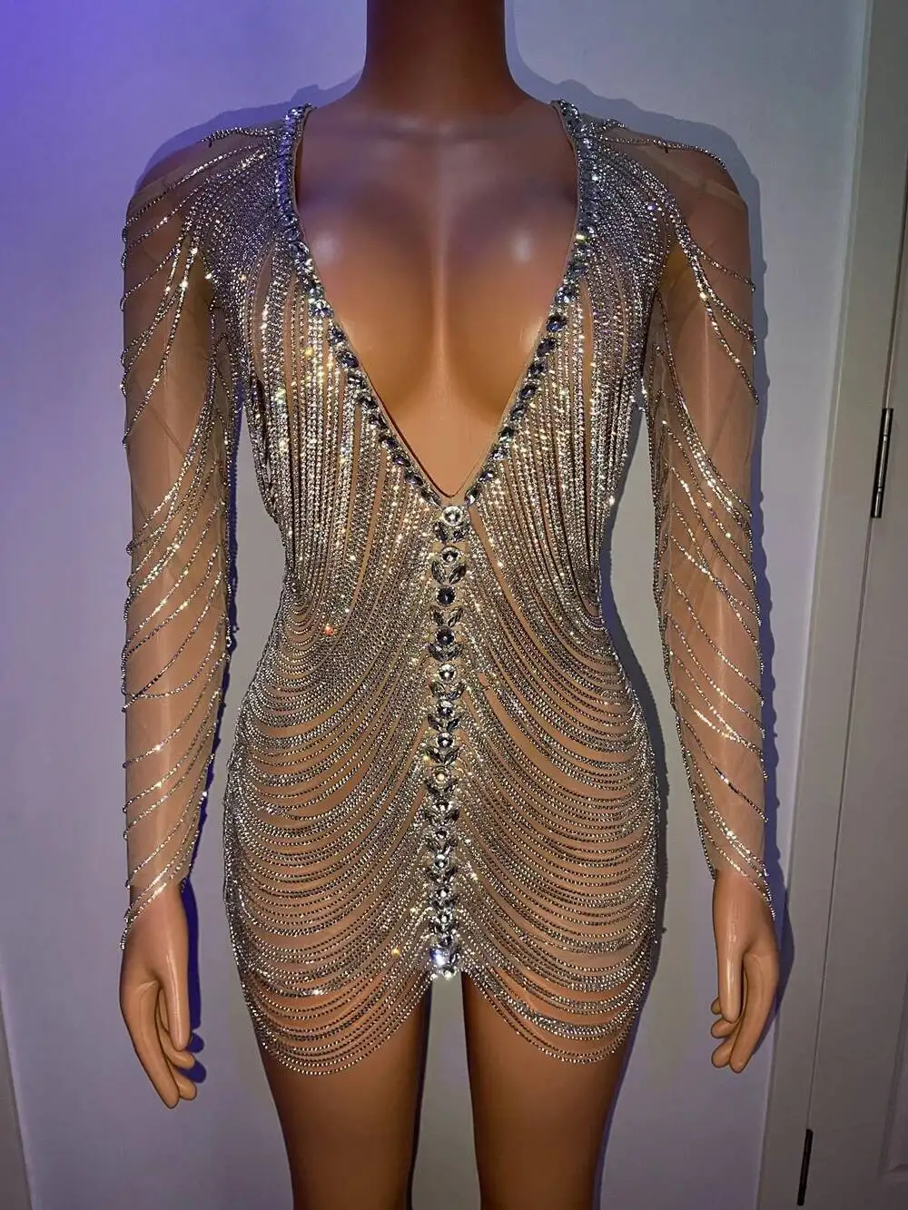 

Rhinestones Chain Short Dress Sparkly Women Birthday Queen Sexy Outfit Deep V Neck Costume Nightclub Performance See Through
