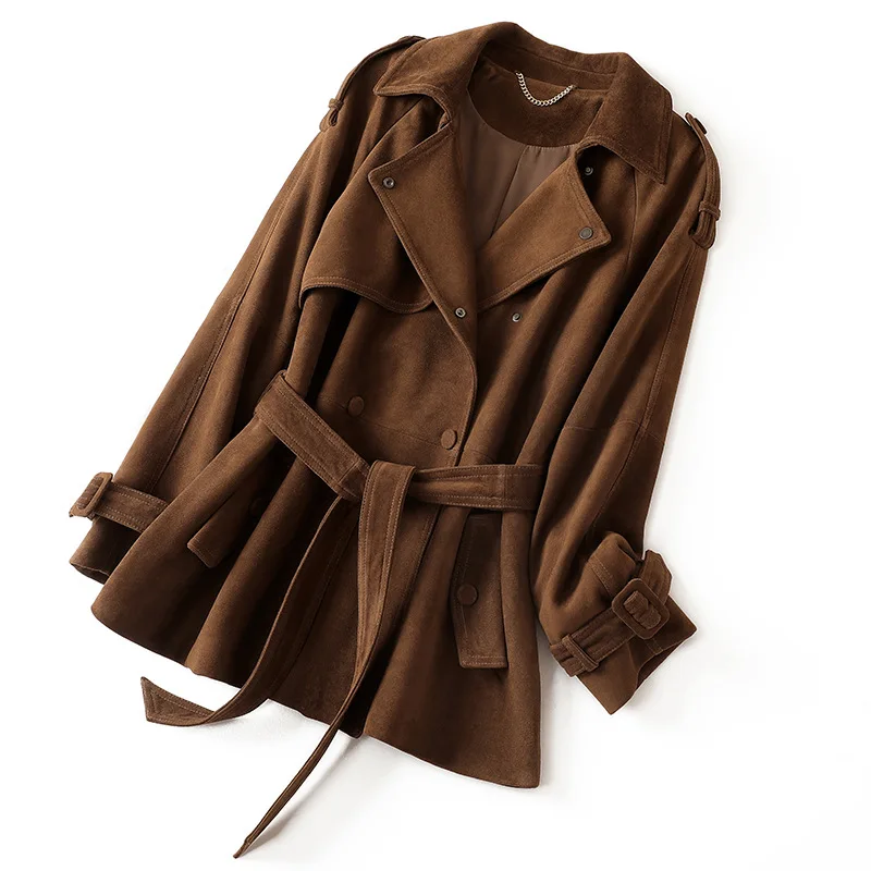 Giacca in vera pelle da donna in pelle scamosciata per bambini Giacca casual in pelle di capra importata con cintura doppiopetto marrone caffè a vita sottile