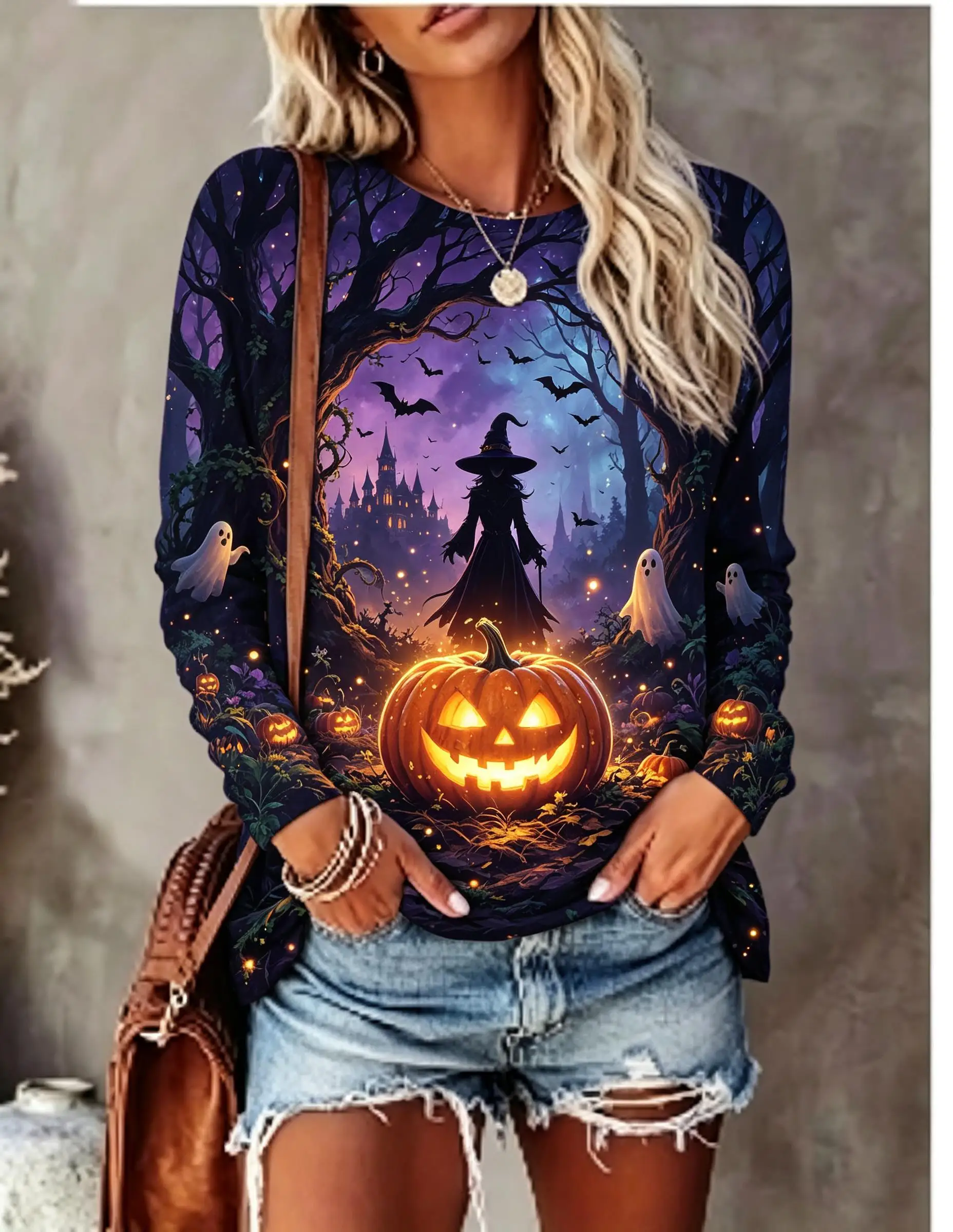 Women Halloween Long Sleeve T‑Shirt Haunted Castle Pumpkin Ghost Bat Print Crew Neck Tops