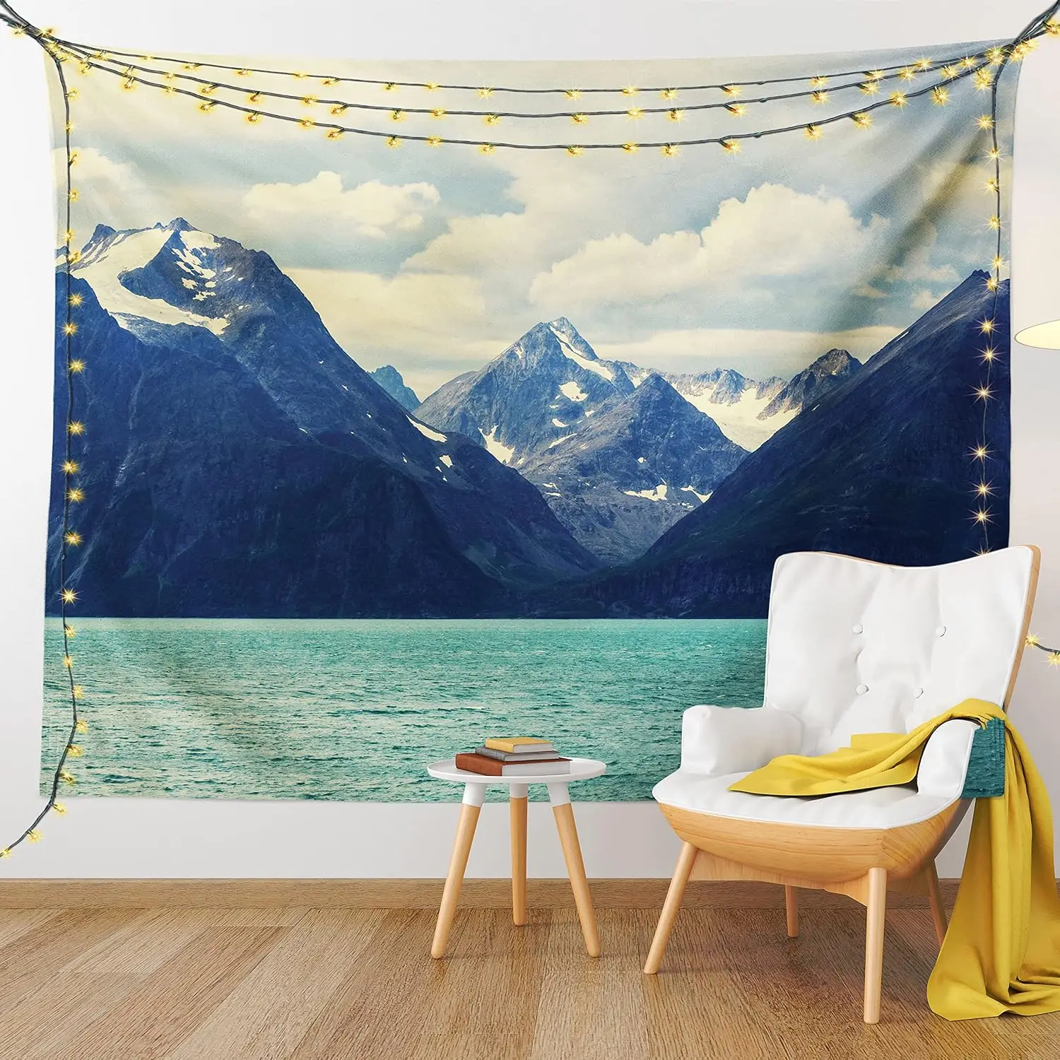 Tapiz de montaña, Norte de Noruega, puerto de pesca costero atlántico, naturaleza nevada, decoración colgante de pared de tela para dormitorio y sala de estar