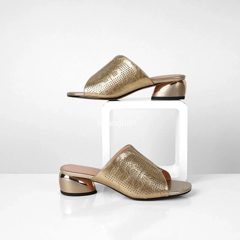 Plus Size PU Leather Slippers Women\'s Silver Gold Sexy Med High Heels Square Heels Fashion Outdoor Jelly Sliders Casual Sandals