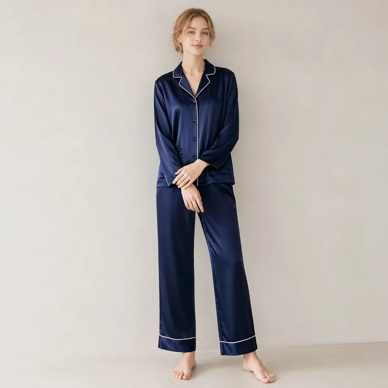 Women 22 Momme Heavyweight Real Silk Pajama Set 100% Mulberry Silk Soft Smooth Loungewear Two Piece Suit Autumn Winter