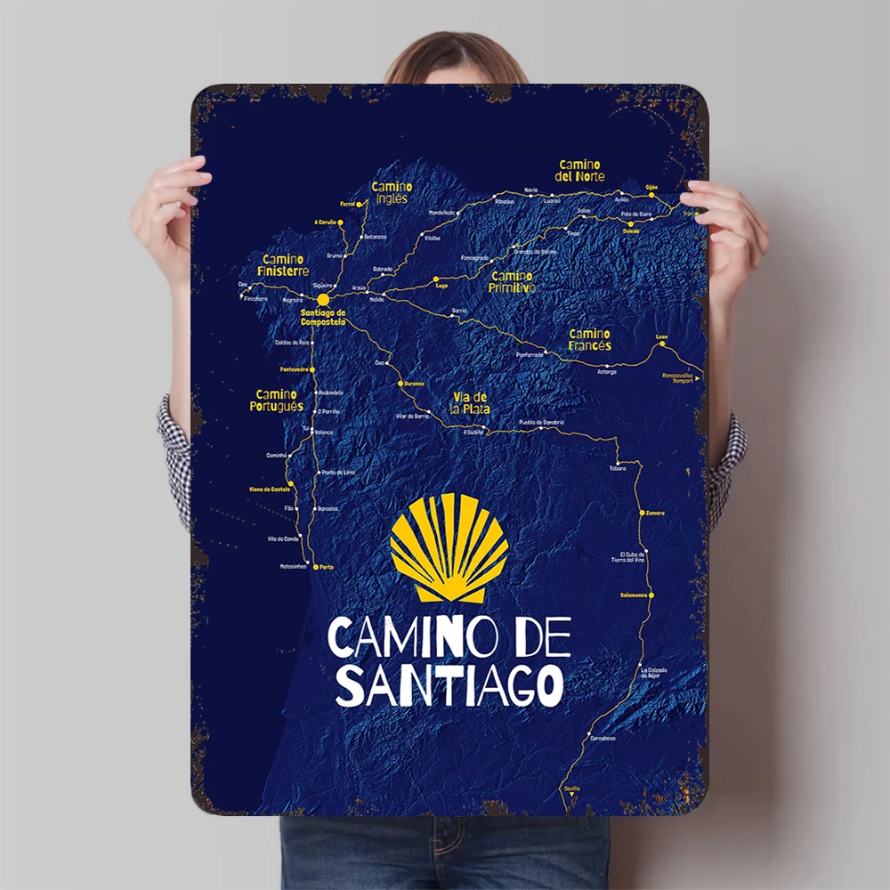 Mapa de Camino de Santiago, arte de pared de Metal, decoración de ruta de peregrinación española para sala de estar y estudio