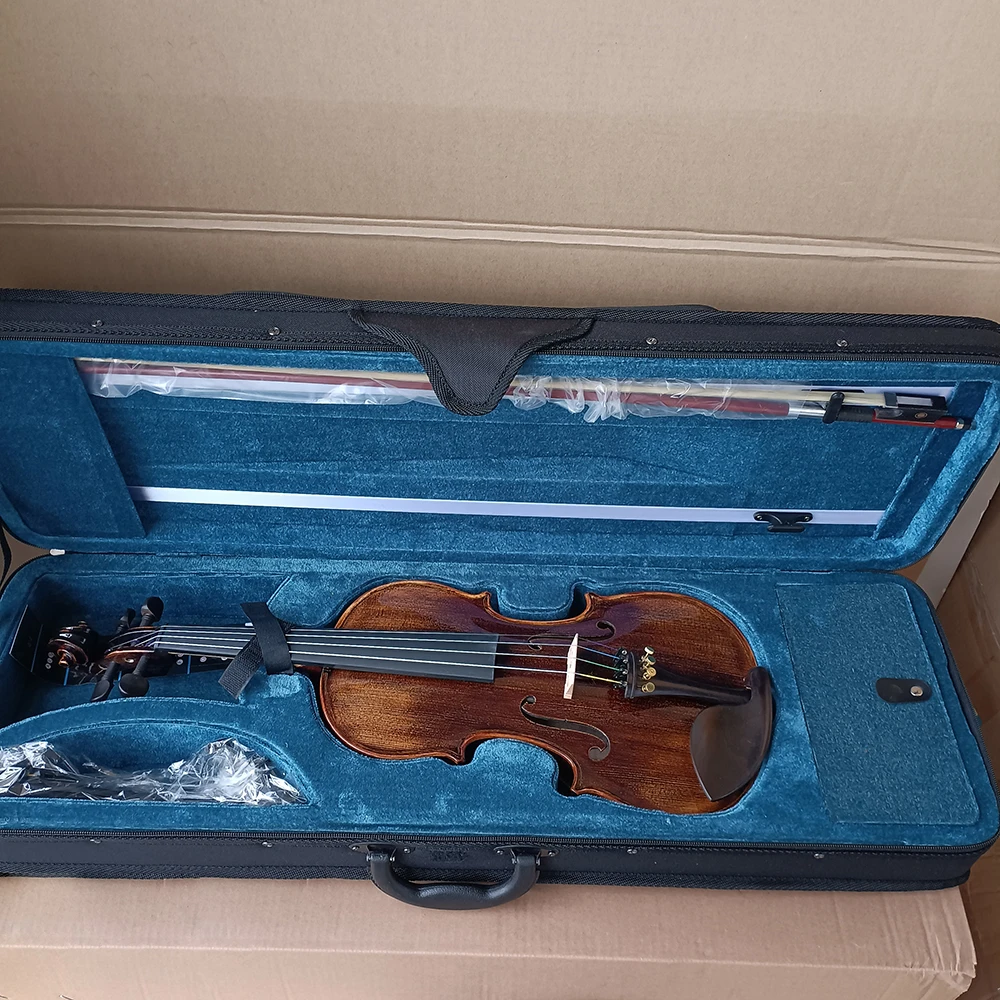 لوحة خلفية من خشب القيقب على شكل نمر مصنوعة يدويًا كمان 4/4 مجموعة طلاء الكاجو البني آلة موسيقية احترافية مع صندوق