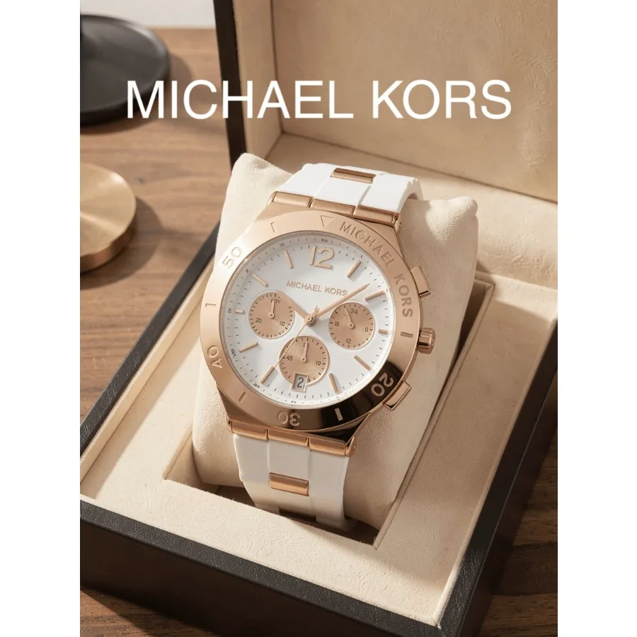 Michael Kors Women Chronograph Watch Rose Gold Case White Silicone Strap White Dial Calendar Sports Ladies Wristwatch Gift