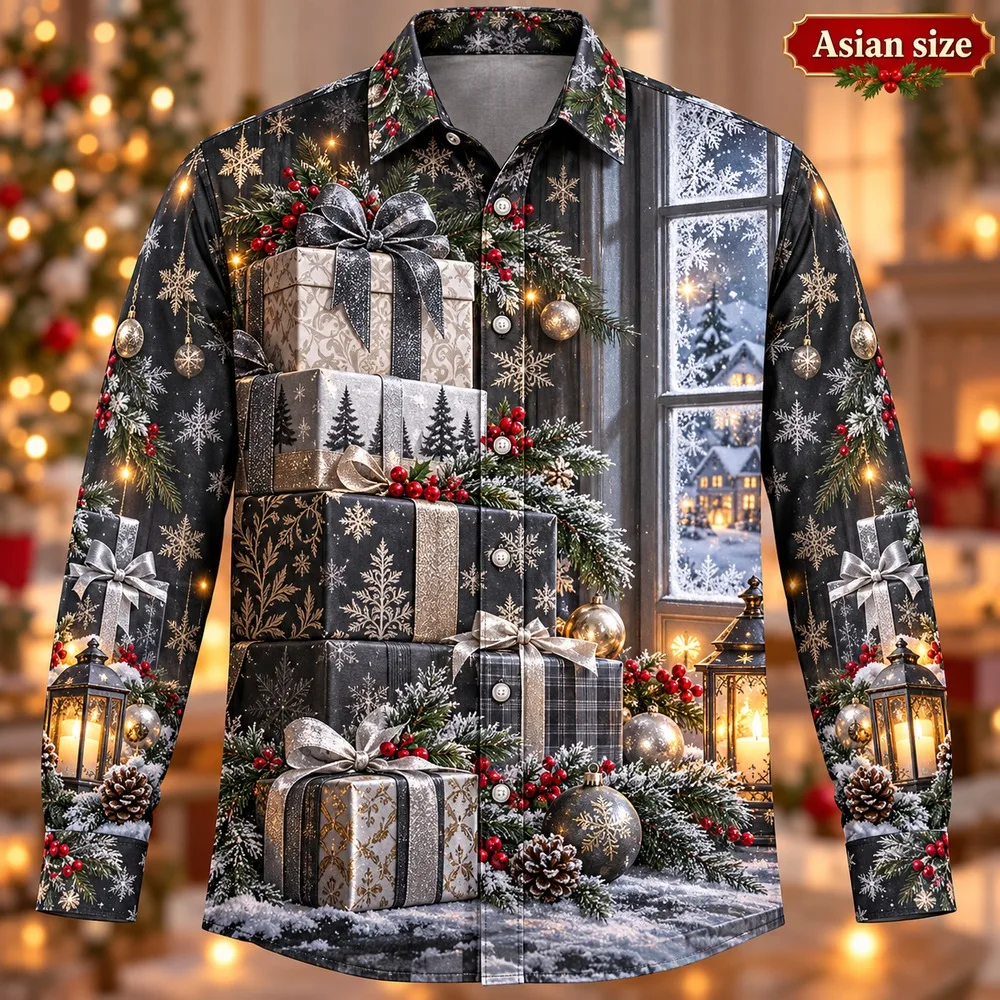 Wrapped Christmas Gifts Long Sleeve Button Down Shirt for Men 3D Print Polyester Holiday Party Festive Winter Top Shirts