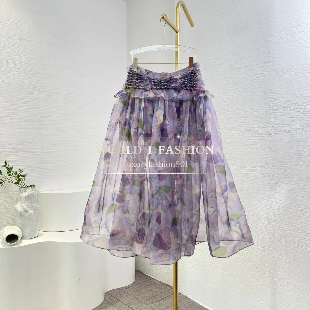 

2025 высококачественная шелковая фиолетовая фиолетовая блузка без рукавов с цветочным принтом и оборками, топы и юбка-миди
