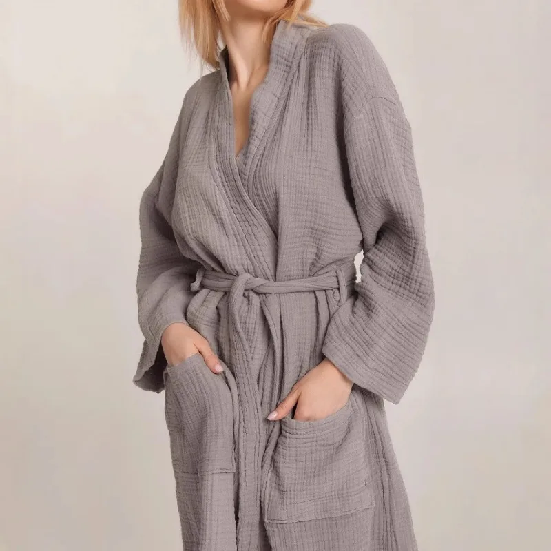 2025 New Autumn Long Sleeve Crepe Cotton Loose Nightgown Comfortable Home Hotel Bathrobe Loungewear European American Style L