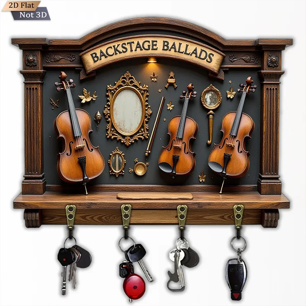 2D Flat, 1pc, Vintage Violin Shape Key Hook Wooden Multifunctional Home Key Hook with Four Metal Hooks, Wall Decoration, Porch