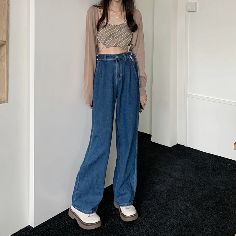 Jeans Dames Amerikaanse mode Eenvoudig Prevalent All-match OL Casual Rechte hipster Baggy Denim broek met hoge taille over de volledige lengte