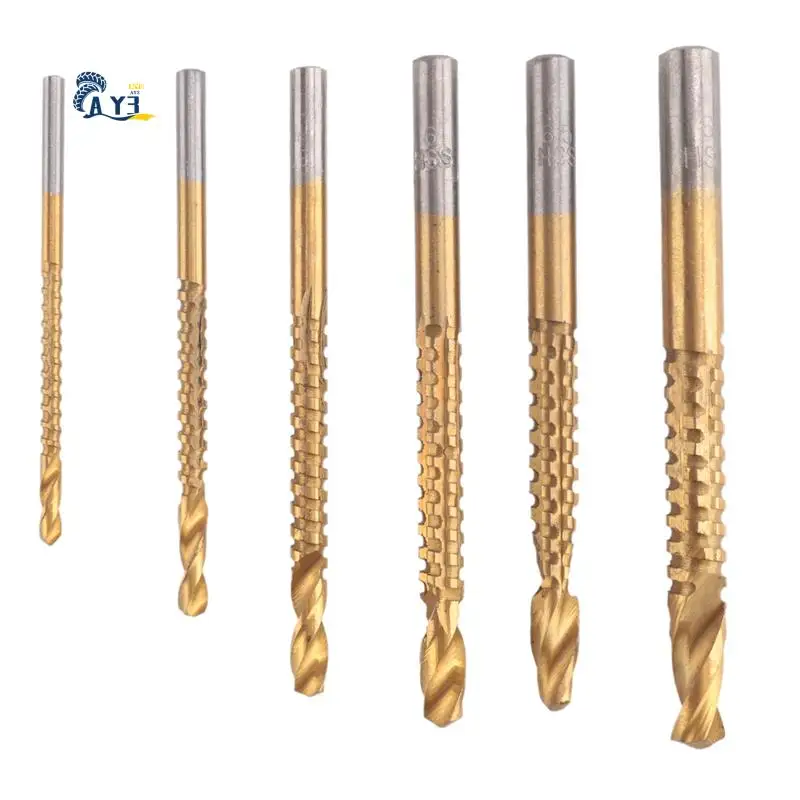 AY03-6 pacote de titânio revestido hss torção bits, 3-8mm serrilhado lado corte bits ferramentas para trabalhar madeira para furos de madeira de metal plástico