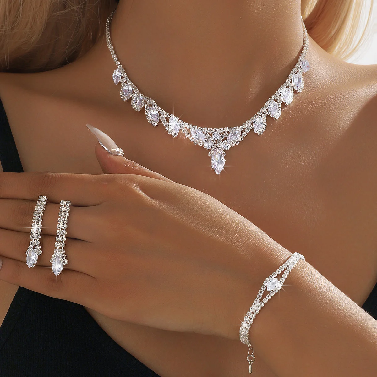 

Zircon Waterdrop Necklace Earrings Set - Elegant Jewelry Set of Flower Designs Memorial Day gift