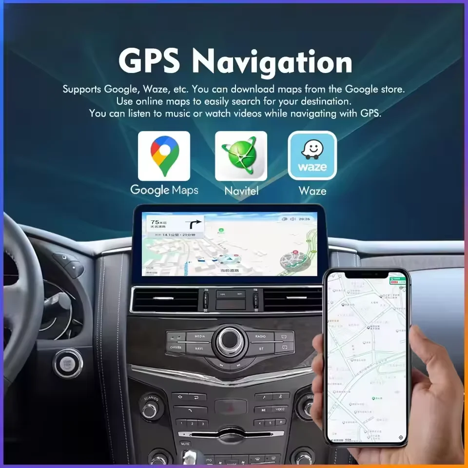 راديو سيارة Carplay 12.3 بوصة Android14 جديد لنيسان باترول Y61 Y62 إنفينيتي Qx80 Qx56 2010-2020 شاشة ستيريو تعمل باللمس نظام تحديد المواقع والملاحة